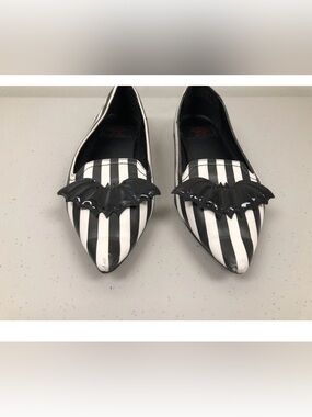 Strange Cvlt Black White Striped Bat Ballerina Flats Size 6
